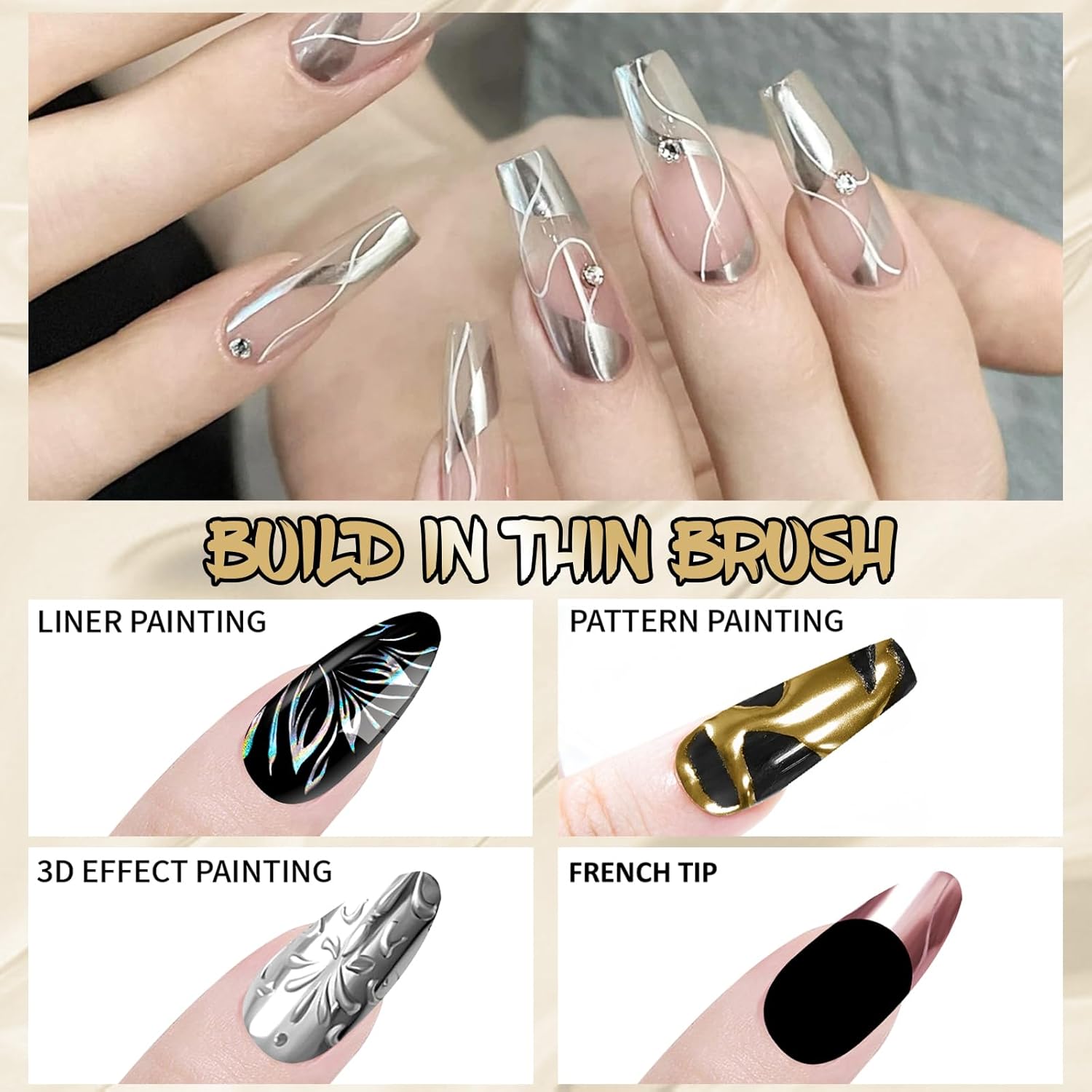 4x12ml Metallic Mirror Painting Liner Gel Polish Set, Mirror Chrome Holographic Laser Effect Painted Nail Polish, Metal Drawing Striper Gel Build in Thin Brush Nail Art Manicure Set