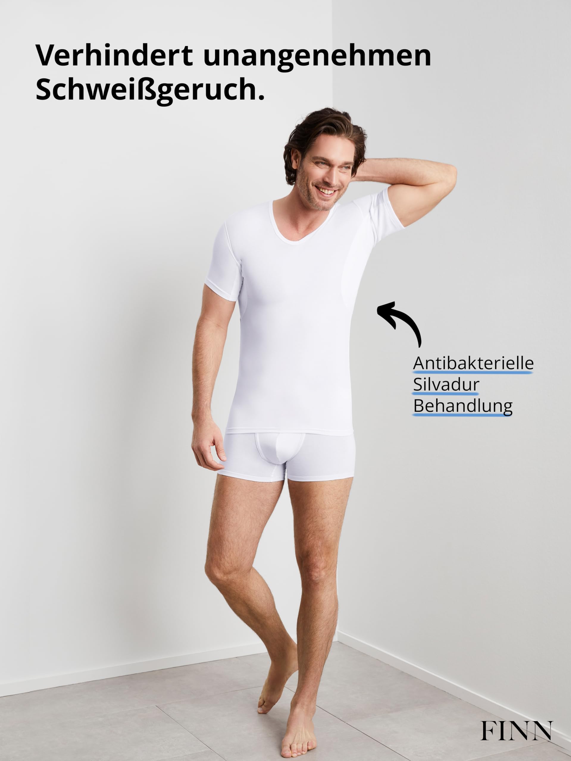 FINN Anti-Schweiß Shirt Herren mit V-Ausschnitt und Rücken-Einsatz – Unterhemd gegen Schwitzen mit Achselpads – 100% Schutz vor Schweißflecken und Geruch