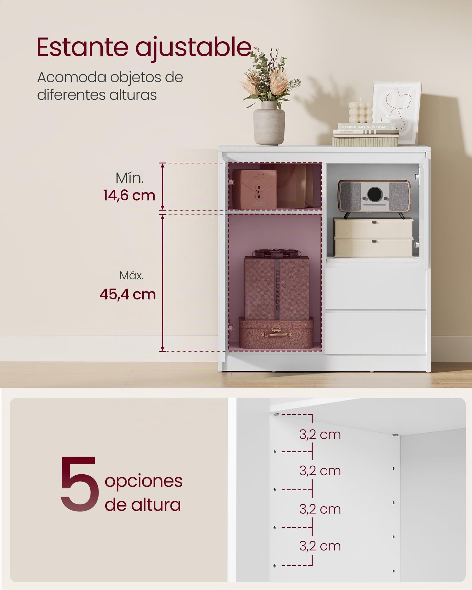 VASAGLE KAILYN Colección - Aparador, Armario de Almacenamiento, con Puerta y Estante Ajustable, 2 Cajones, 40 x 70 x 74,5 cm, Salón, Comedor, Oficina, Blanco Nube BBK243W01V1