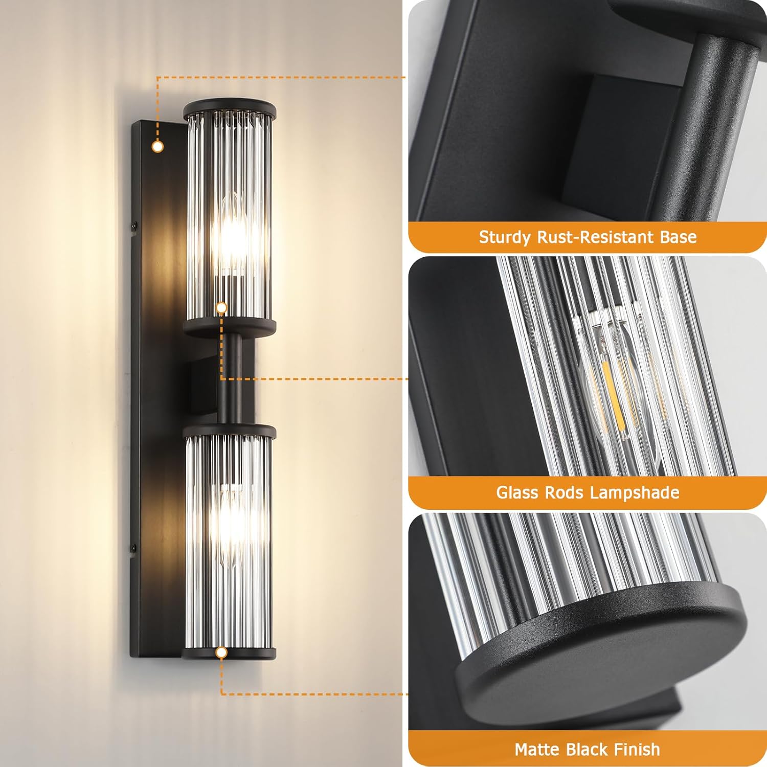 2-Light Modern Vanity Wall Lamp in Brushed Brass, Industrial Bathroom Lighting with Glass Rod Shades, Adjustable Modern Mirror Lights for Bedroom & Bathroom, Wall Sconce for Makeup Vanity