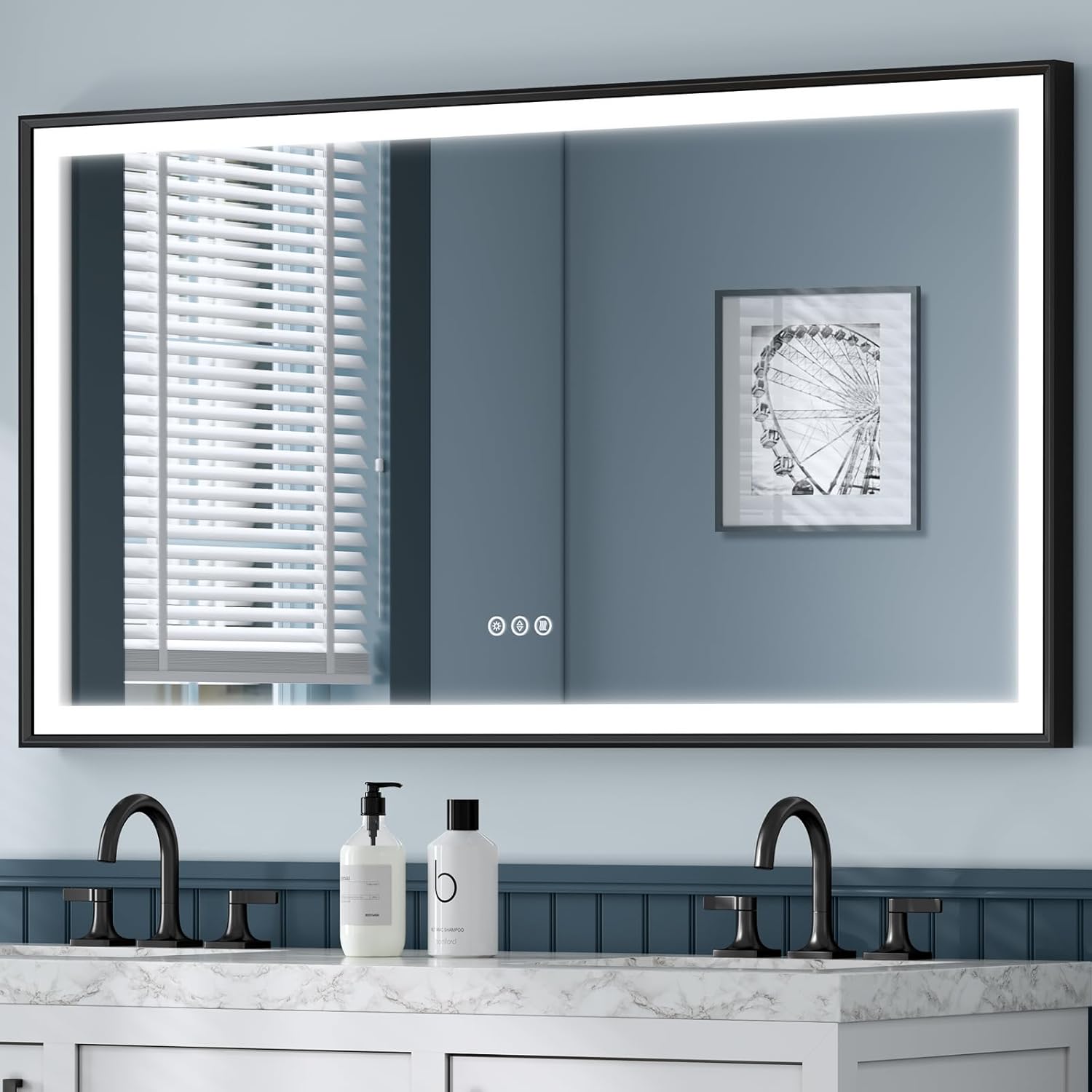 55x30 Inch Beveled Framed LED Bathroom Mirror, Brushed Black AL Alloy, Front Light with 3 Colors & Dimmable, 5MM Tempered Glass, Defog, Plug-in/Hardwired, Horizontal/Vertical Wall Mount