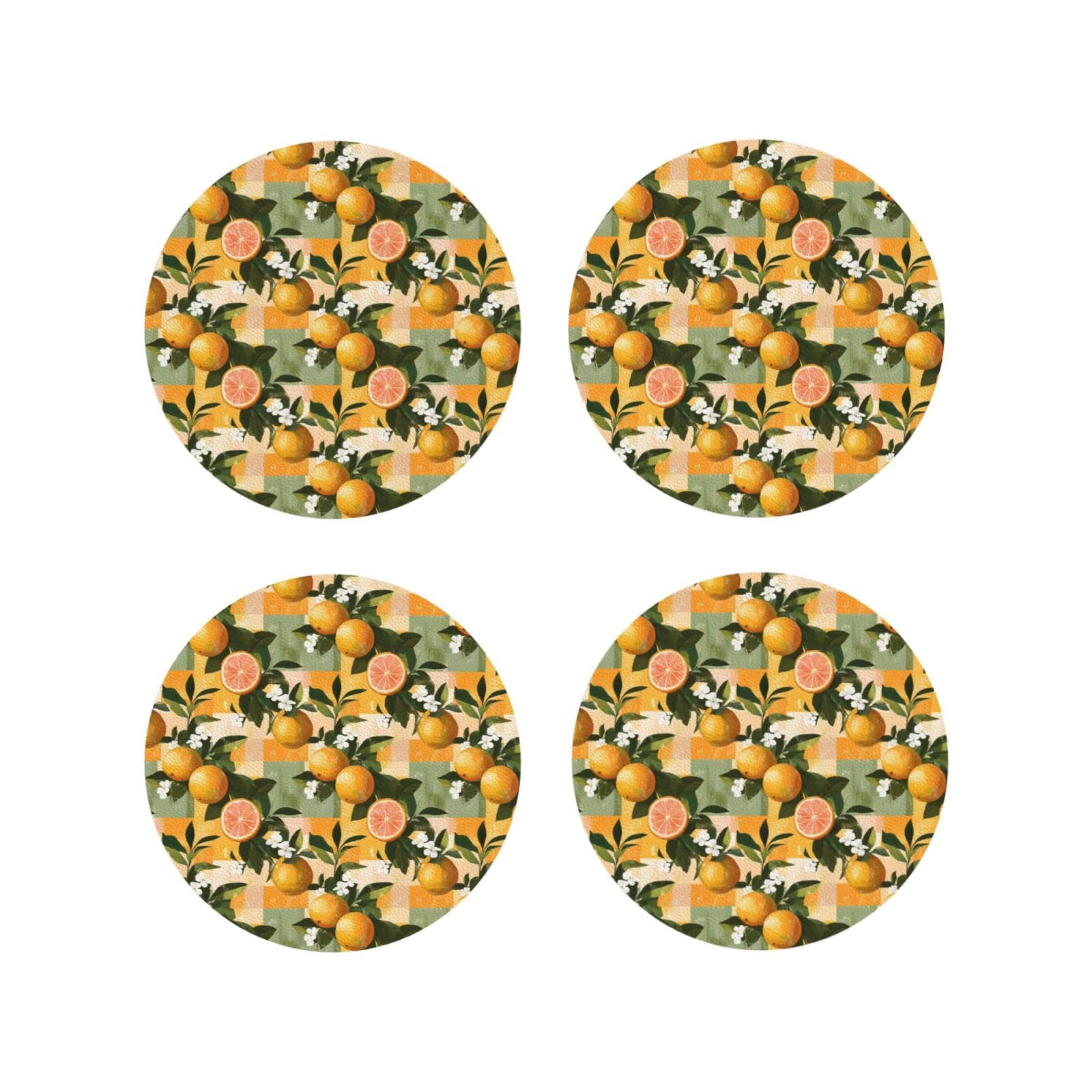 Smazdfxx Women's As Pic Leather Coasters Set Of 4 - Checkered Orange Print Lightweight Drink Coasters For Desk
