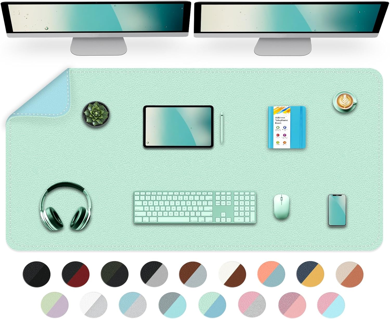 Dual-Sided Desk Mat, Large Pad, Waterproof Smooth PU Leather Blotter Protector, Mouse Pad, Desk Organizers, Office/Home Table Decor for Reading and Writing (Lake Green+Blue, 47.2''23.6'')