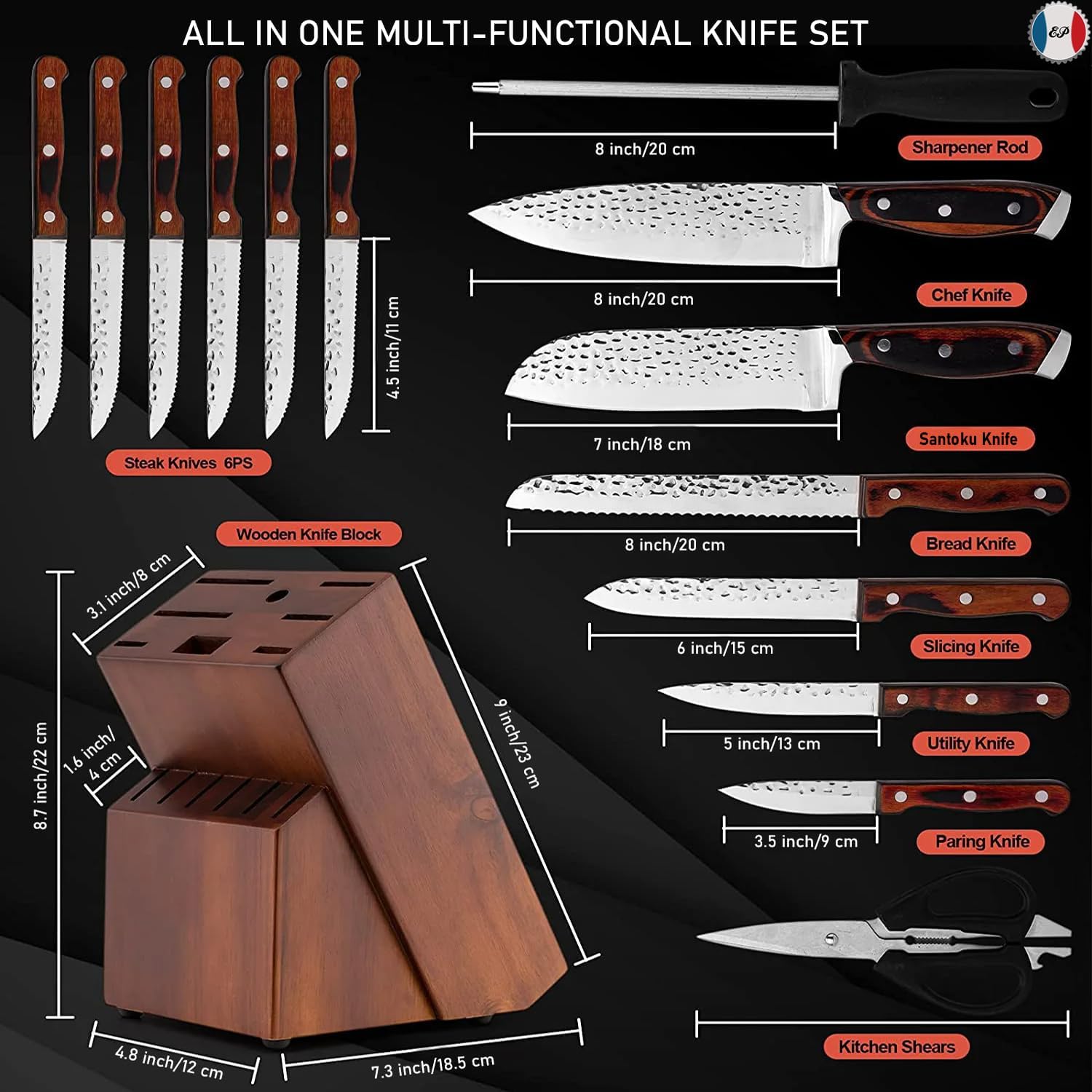15 Piece Kitchen Knife Set with Wood Block Ultra Sharp High Carbon German Stainless Steel Hammer Pattern Chef & Steak Knives Full Tang Design with Forged Triple Rivets Boxed Knife Set
