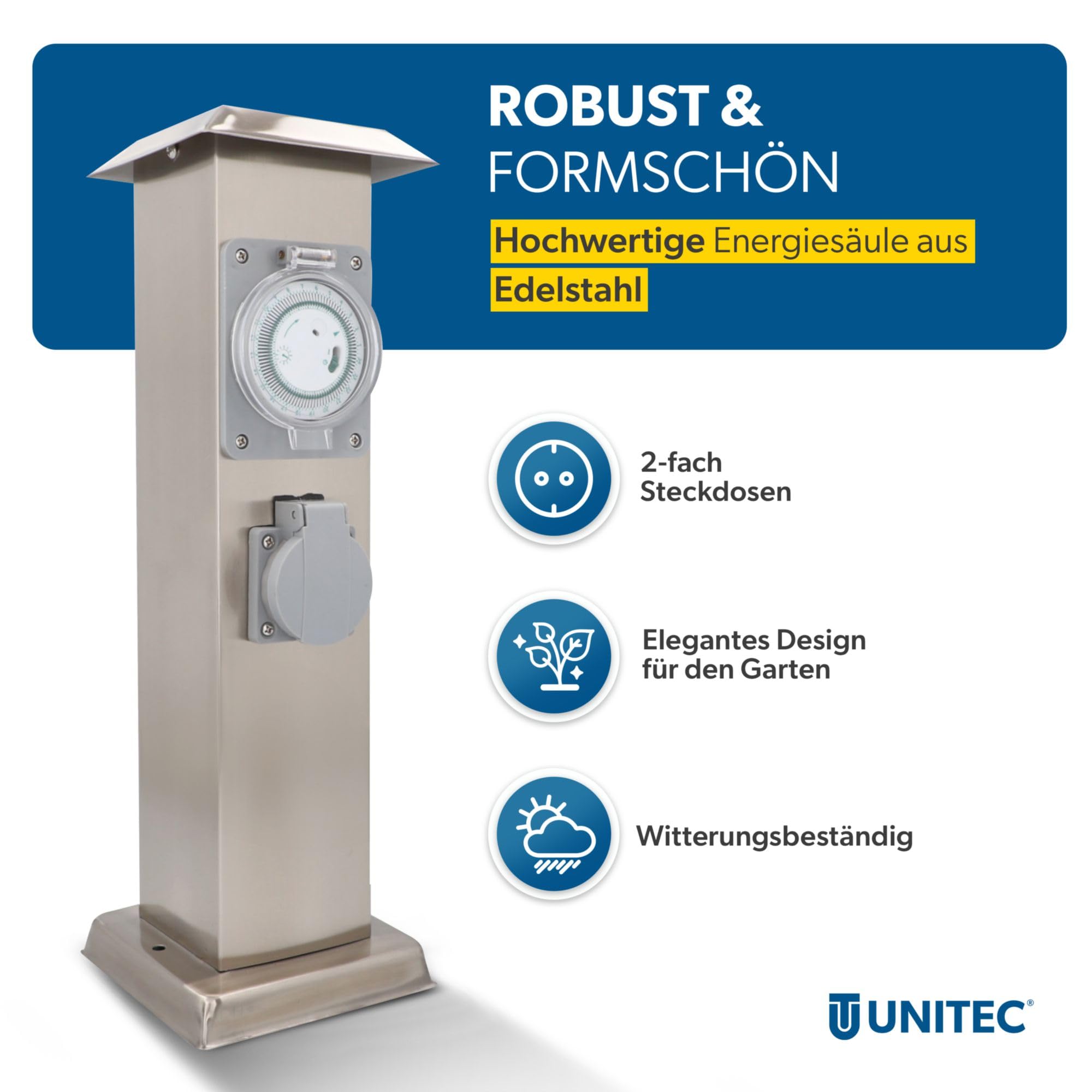 UNITEC Kolumna ze stali nierdzewnej z programatorem czasowym i 2 gniazdami Schuko, rozdzielacz gniazdka, bez kabla, do użytku na zewnątrz, IP44, srebrna