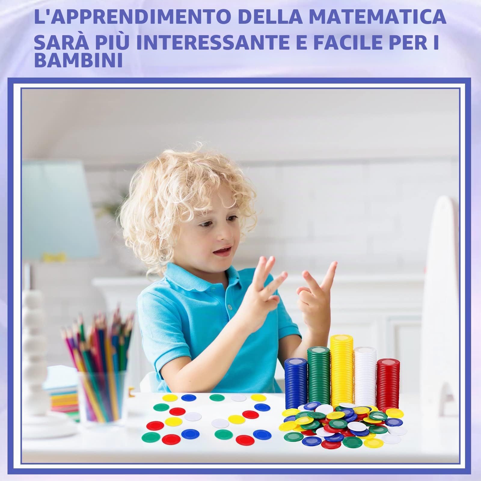 Skylety 1000 fiches da poker in plastica, 5 colori, per bambini, gioco, apprendimento, matematica, conteggio, bingo, carte vuote per ricompensa per bambini, 2,2 cm
