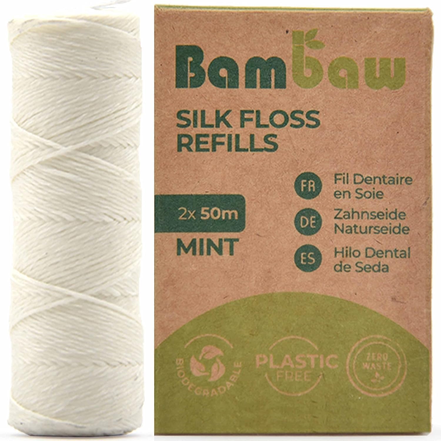 Silk Floss Refill, Non Plastic Dental Floss, Eco Floss, Mint Dental Floss Tape, 2x50 Meter Refill