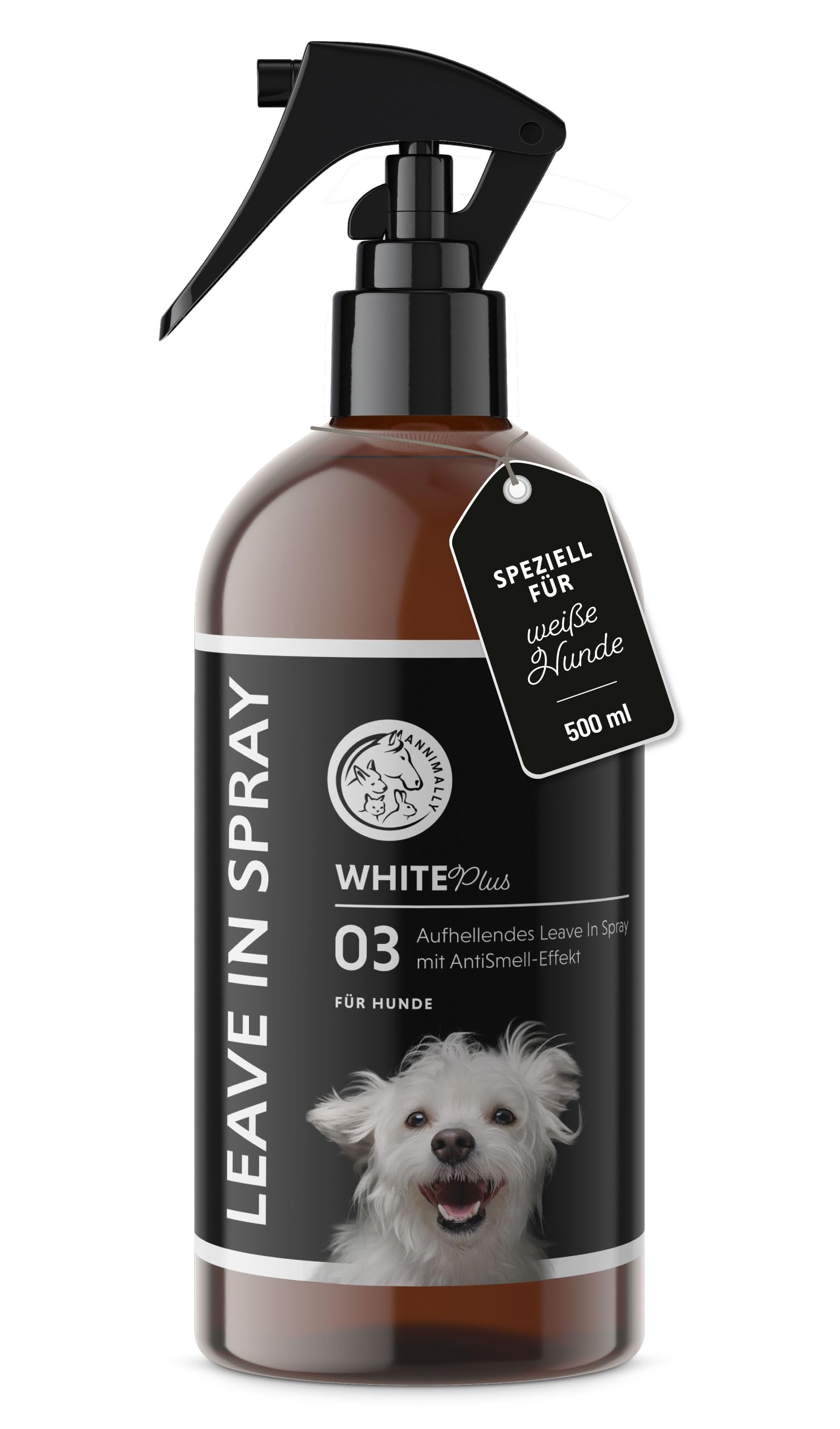 Annimally White Plus Leave-In Spray for Light-Coloured Coats 500 ml - No-Rinse Spray for Dogs, Helps Reduce Discolouration & Adds Shine, Made in Germany