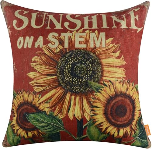 Fundas de cojín de arpillera de girasol rojo vintage de 18 x 18 pulgadas (CC1333)