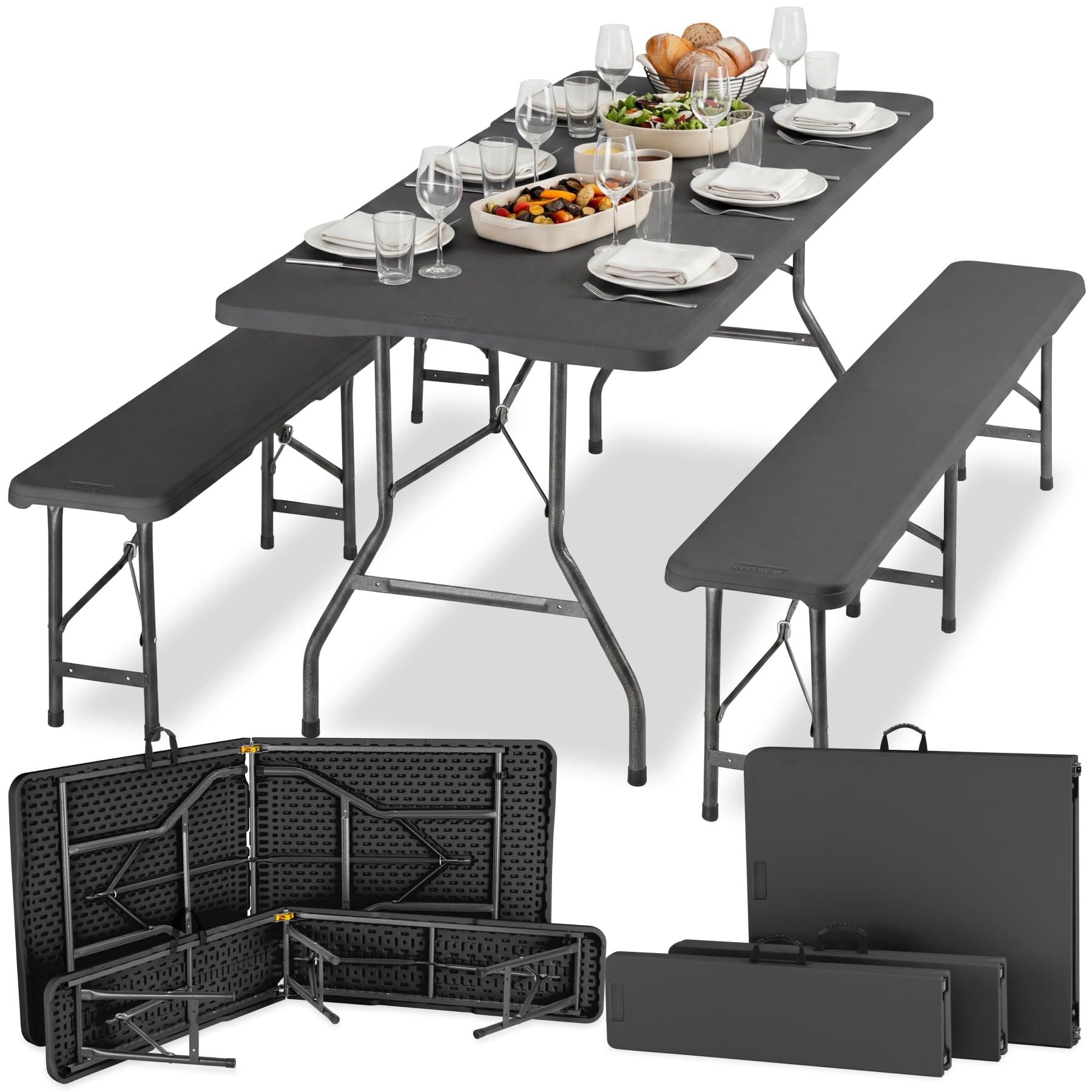 TecTake® wetterfeste Campingtischgarnitur für 8 Personen, Bank bis 250 kg belastbar, klappbar, wetterfest, robuster Kunststoff, Camping Set, Tischset, Outdoor Tischgarnitur, Campingmöbel – anthrazit | Bis zu 8 Personen, robuster Kunststoff, 500 kg Belastb