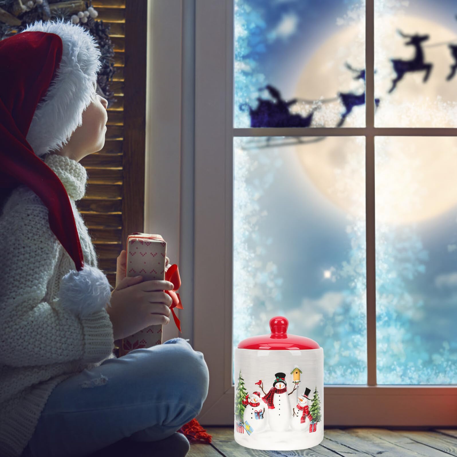 ULTECHNOVO Luftdichtes Keramik Bonbonglas mit Weihnachtsmuster Leichter und Tragbarer Vorratsbehälter für Snacks und Schokolade für Feierlichkeiten