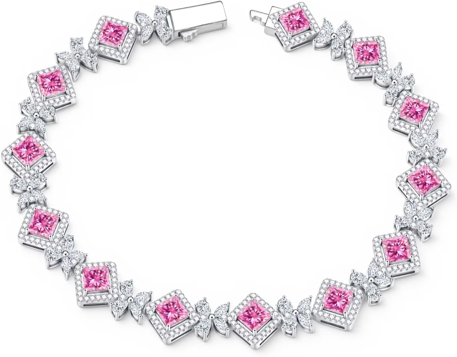 Iefil Tennis Bracelets for Women - Pink Tourmaline Pink Bracelet, October Princess Cut Bracelets for Women, Anniversary Birthday Gifts for Women Wife Mom Daughter,6.5"