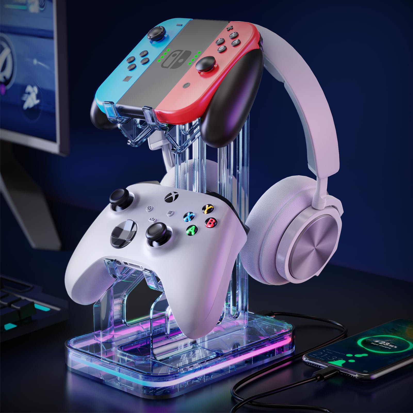 Luckit Soporte para Auriculares RGB con 2 Puertos de Carga USB, Soporte de Controlador Dual con Modos de luz, Accesorios para Colgar Auriculares para Jugadores de Escritorio