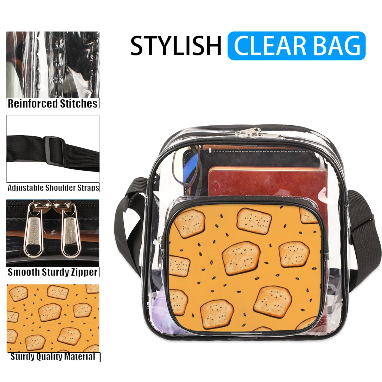 GzLeyigou Clear Crossbody Bag Stadium Approved Bread Transparent Bag for Festivals, Sports Events, Concerts,Beach Bag for Women Men Clear Purse with Front Pocket Messenger Bag with Adjustable Strap