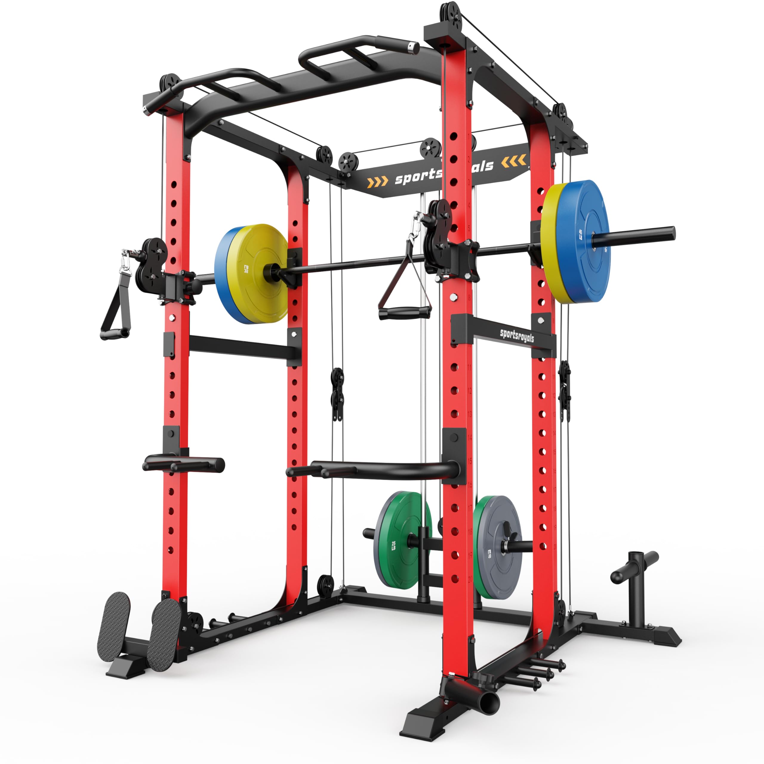 Sportsroyals Power Cage,1600lbs Squat Rack, Power Rack Squat Rack with Pulley System &amp; LAT Pull Down, Weight Cage for Home Gym,Multi-Weight Combination Barbell Plates(RED)