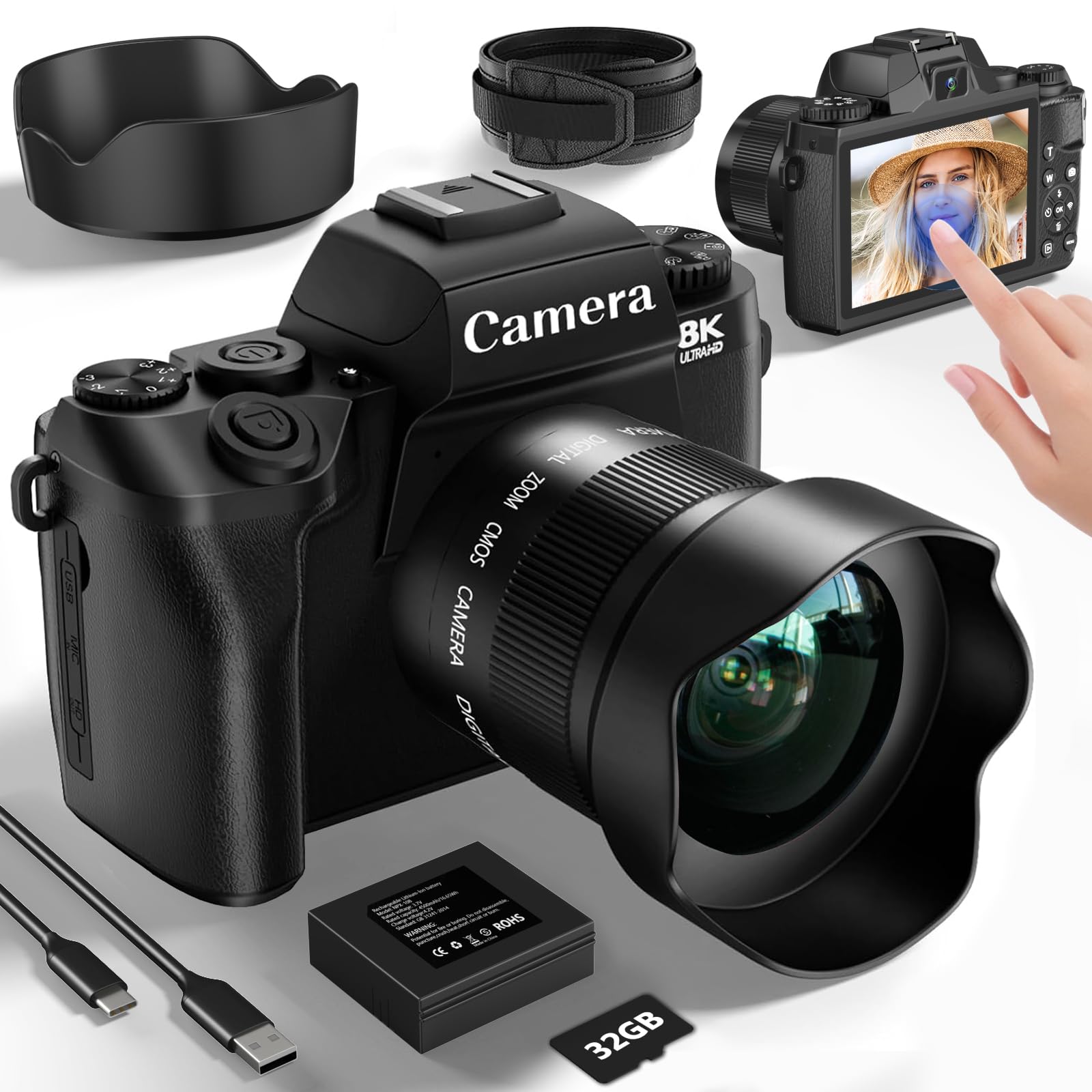 8K Digital Camera for Photography,64MP WiFi Dual-Lens Vlogging Camera for YouTube with 16X Digital Zoom,Flash,Touch Screen,32GB TF Card,Lens Hood,HDMI Output & 3000mAH Battery(Black)-image-44
