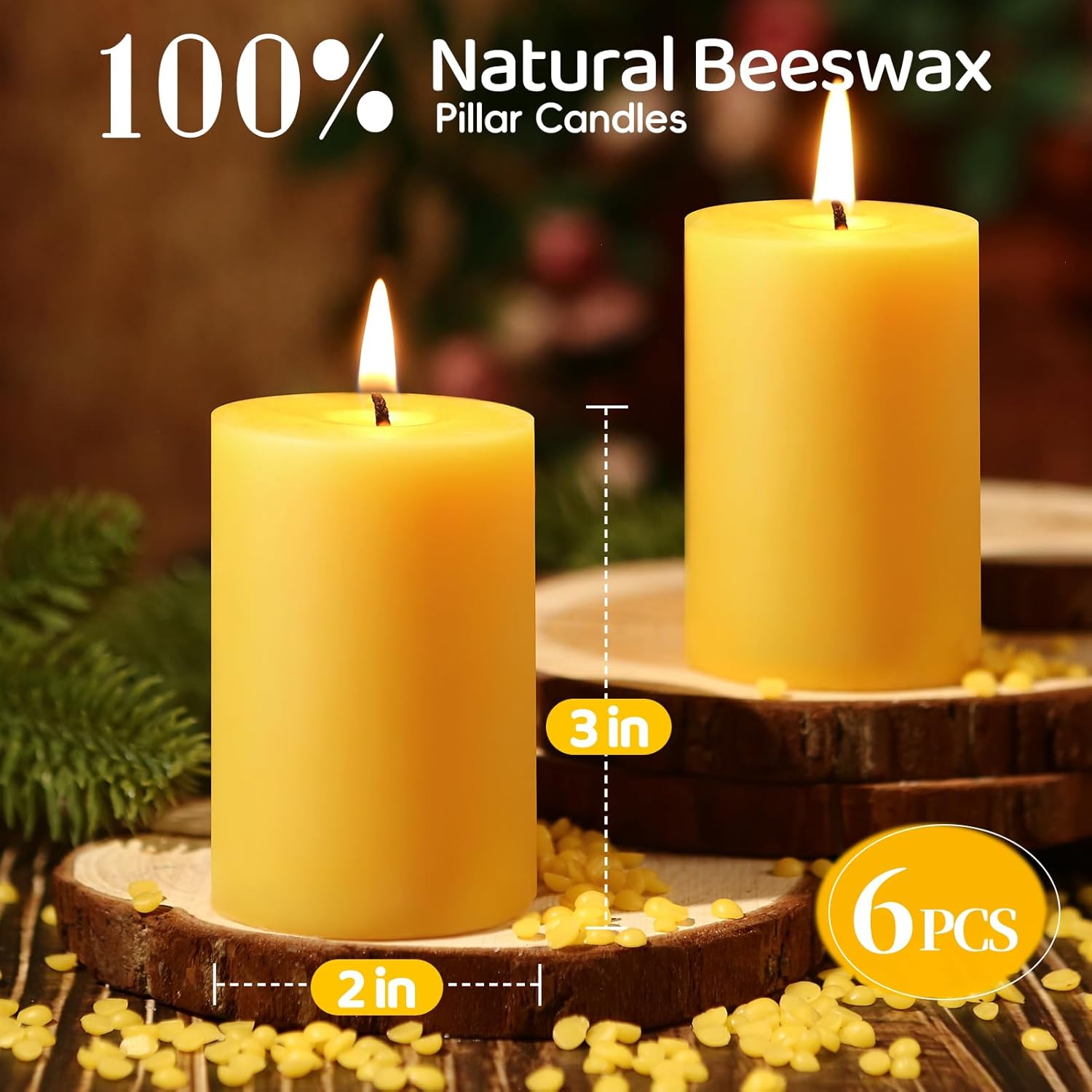 6 Pack Natural Beeswax Pillar Candles,100% Pure Beeswax Candles-192 Hours Long Burning,Unscented Bees Wax Candles for Home,Prayer,Emergency,Dripless Smokeless Organic Pillar Candles Bluk-2x3in