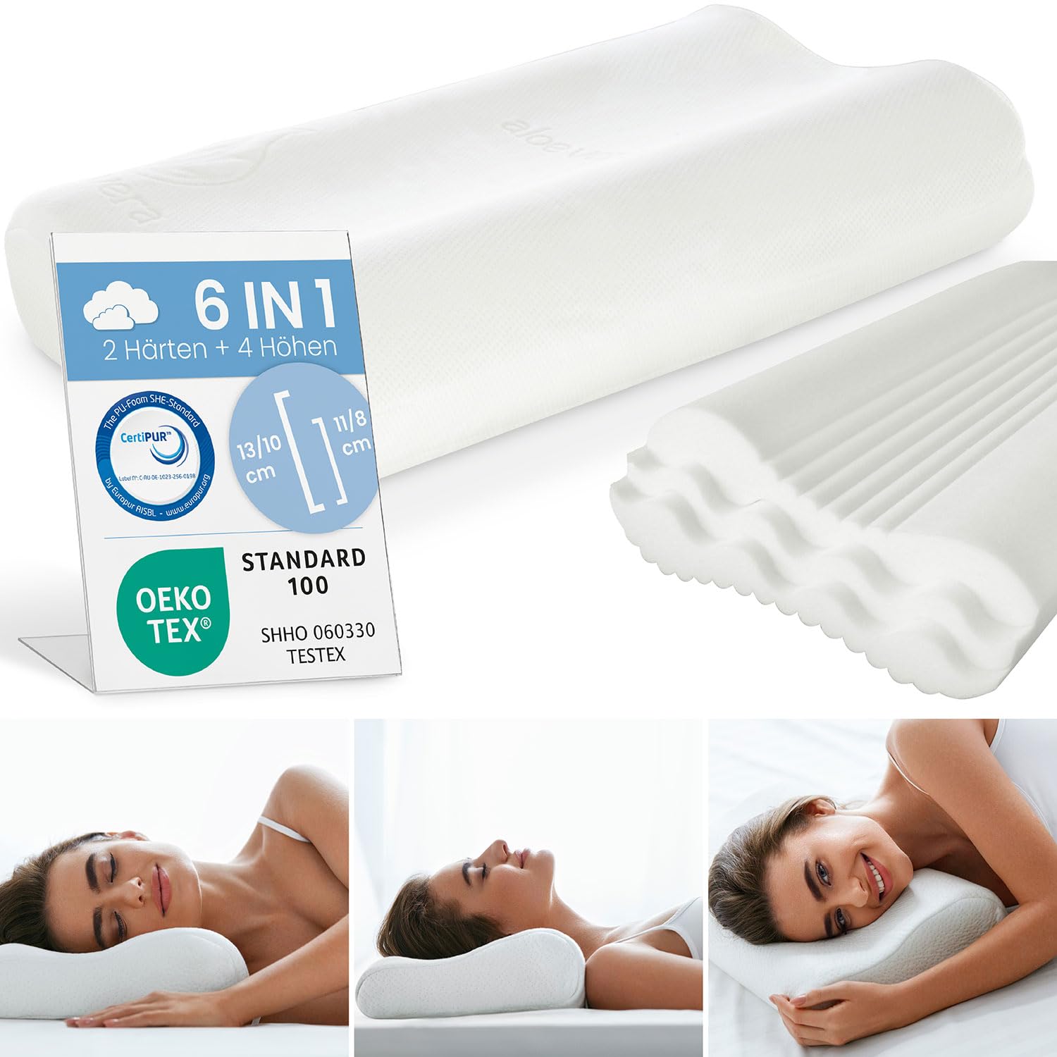 ELONEO Nackenstützkissen 4-fache Höhenanpassung Nackenkissen, Kopfkissen anatomisches Kissen mit Memory Foam inkl. Aloe Vera Klima-Bezug 50 x 35 cm, Viskoschaum