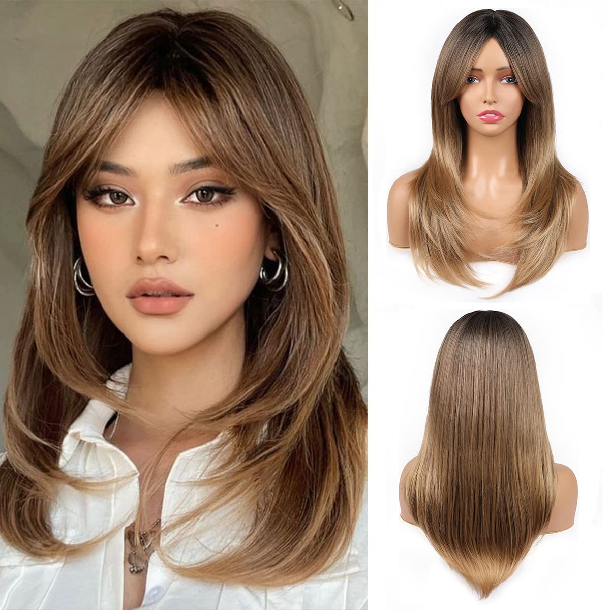 Brown Wig With Bangs Layered Wigs for Women Ombre Brown Color Wig Long Straight Heat Resistant Synthetic Fibre Wigs Natural Looking Bangs Wig for Daily Party Use(Ombre Brown)