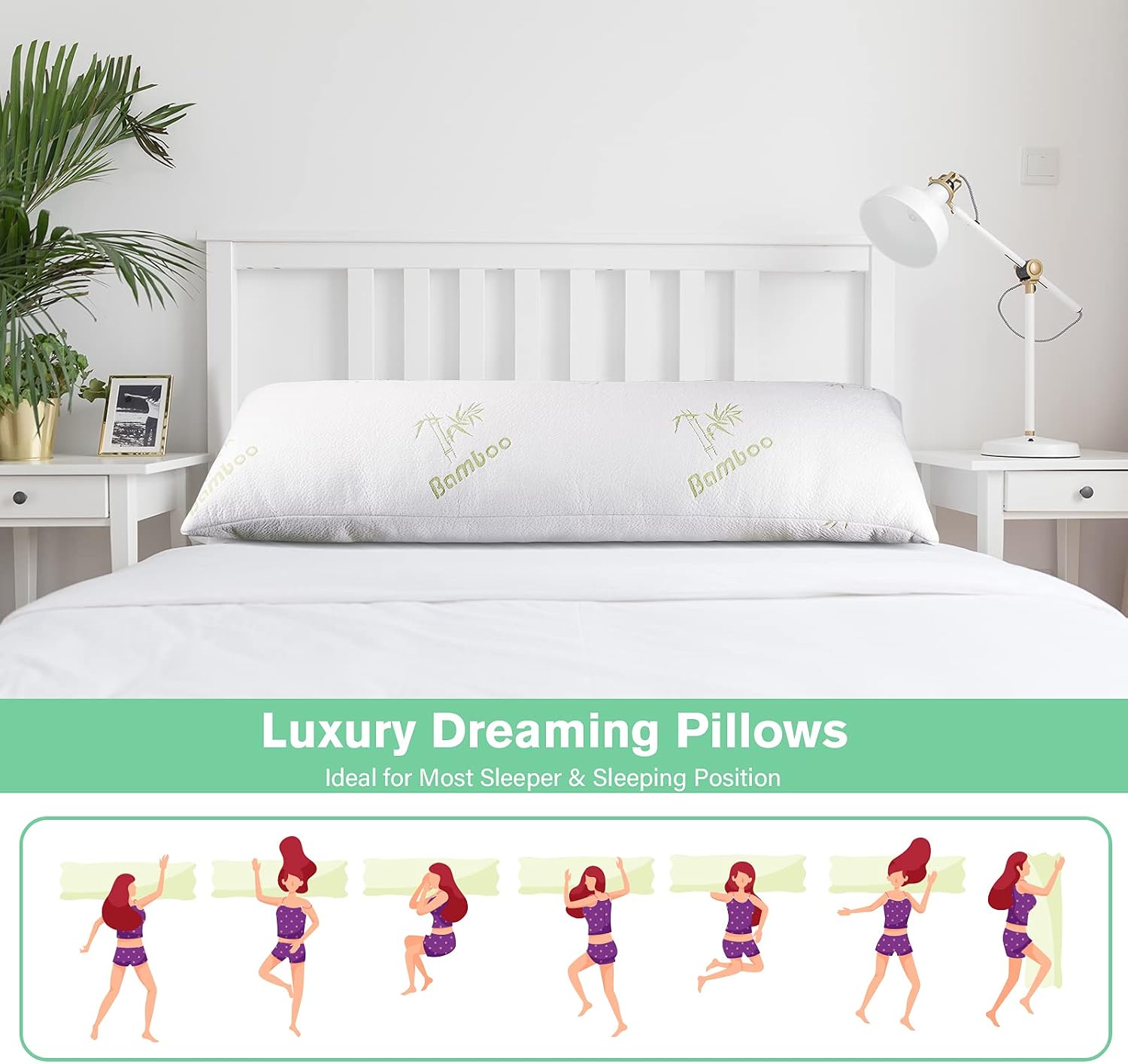 Full Body Pillow, Adjustable Soft Bamboo Body Pillows for Adults Premium Breathable Cooling Bamboo Cover, Long Sleeping Bed Pillows Firm Maternity Side Sleeper Pillow Insert to Hug Stay Warm - 20x54''