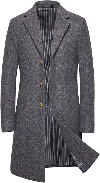 Mens Coat Wool Long Trench Coat Slim Fit Single-Breasted Lapel Collar Jacket Overcoat for Autumn Winter