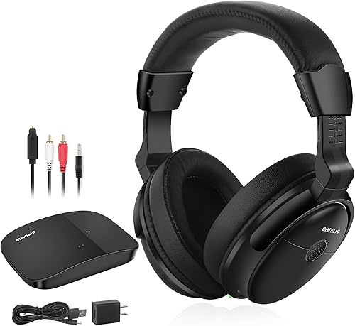 SIMOLIO Auriculares inalámbricos para ver televisión con transmisor (óptica digitalRCAAUX), voz mejorada y batería de repuesto para personas mayores