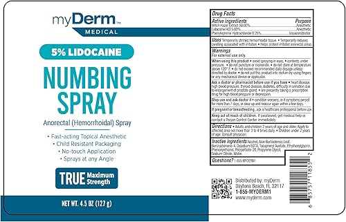 Miniatura 6 de Myderm Spray anestésico médico Paquete de 2 unidades de 4.5 onzas Máxima fuerza 5% de lidocaína con fenilefrina HCl y hamamelis Acción rápida