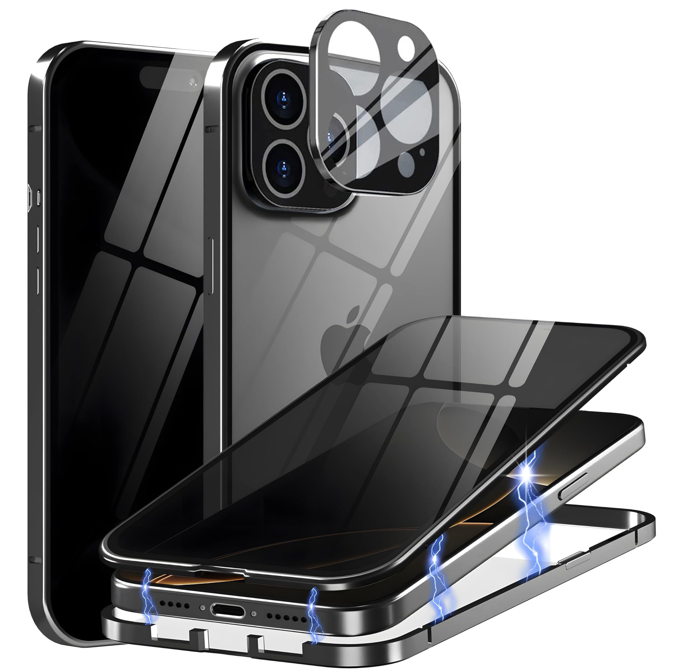 MIMGOAL Case for iPhone 16 Pro Max Anti-Peep Magnetic Cover,Privacy Tempered Glass Full Cover Built-in Camera Protector,360 Degree Front and Back Protection Metal Bumper Case