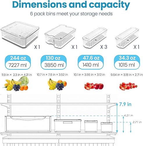 Miniatura 3 de Paquete de 8 organizadores de refrigerador, contenedor de cajón extraíble transparente y cubos organizadores con tapas, contenedores de