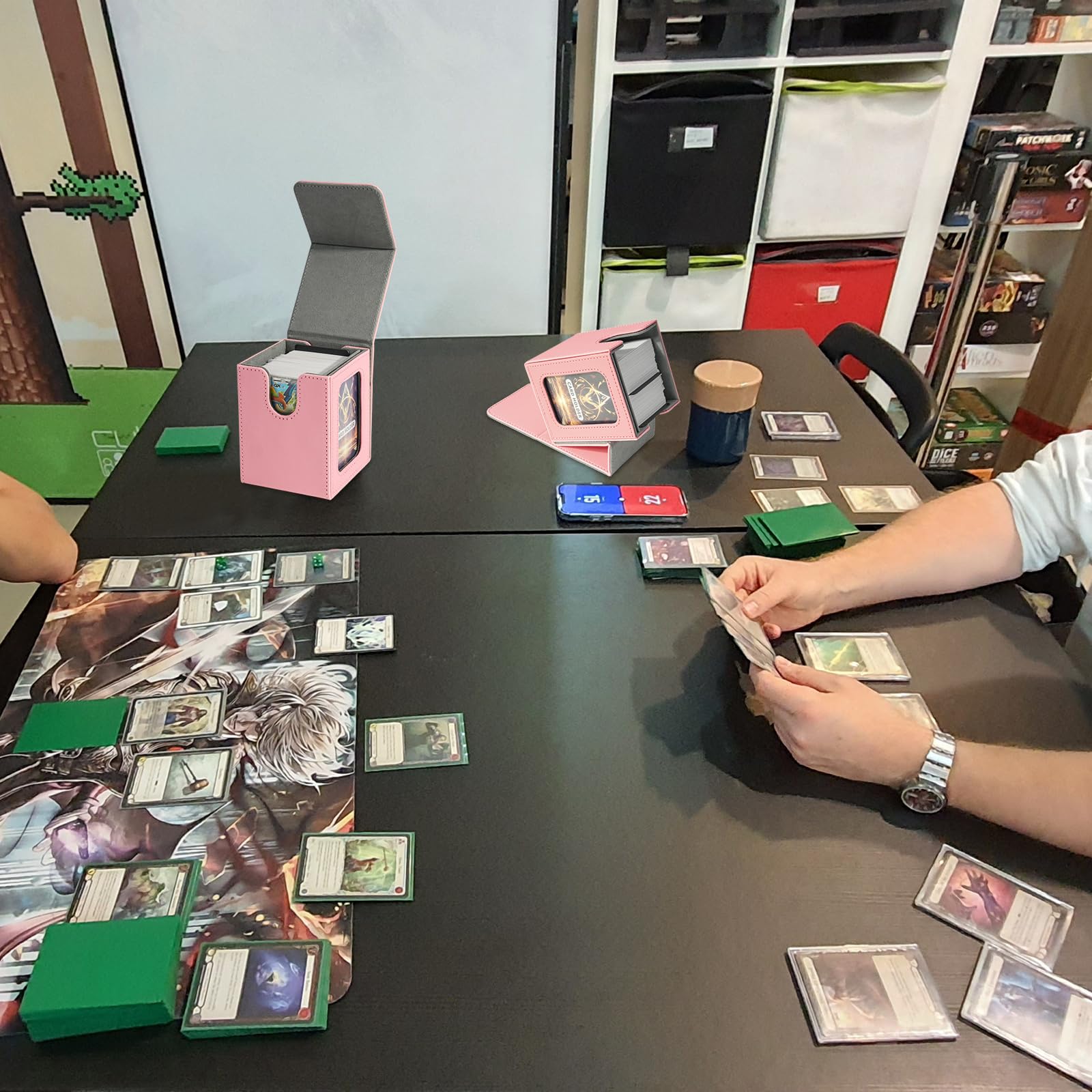 Scatola porta carte per MTG Commander, scatola magnetica per carte di credito, contiene 100 carte a doppia manica, rosa e grigio