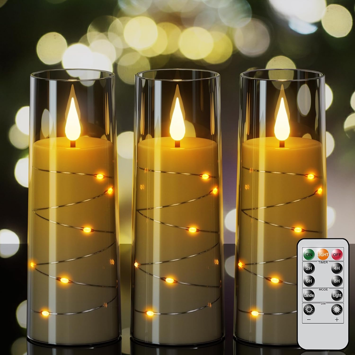 Flameless Candles with Remote Timer, Embedded String Lights, Battery Operated LED Pillar Candles, Unbreakable Plexiglass, Set of 3, Black, 2.3" x 6"