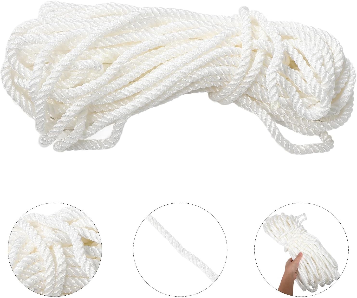 Vaguelly White Nylon Rope 12mm Marine Grade Three-Strand Cable Mooring Rope for Boat Docking and Yacht Anchoring 30m White Nylon Marine Boat Lines for Boating Accessories
