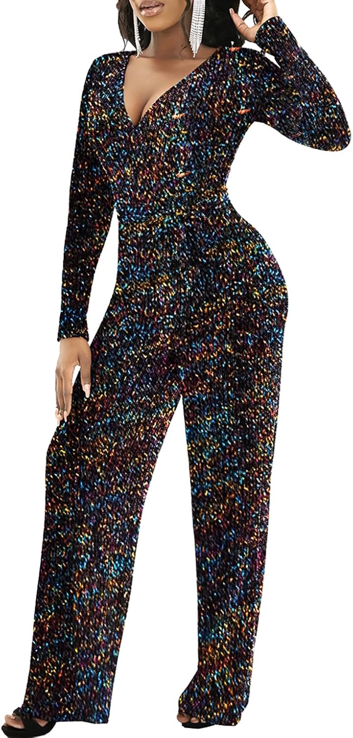 LightlyKiss Women's casual sexy V-neck sparkling jumpsuit long sleeve loose jumpsuits Fashion Club party Rompers with belt