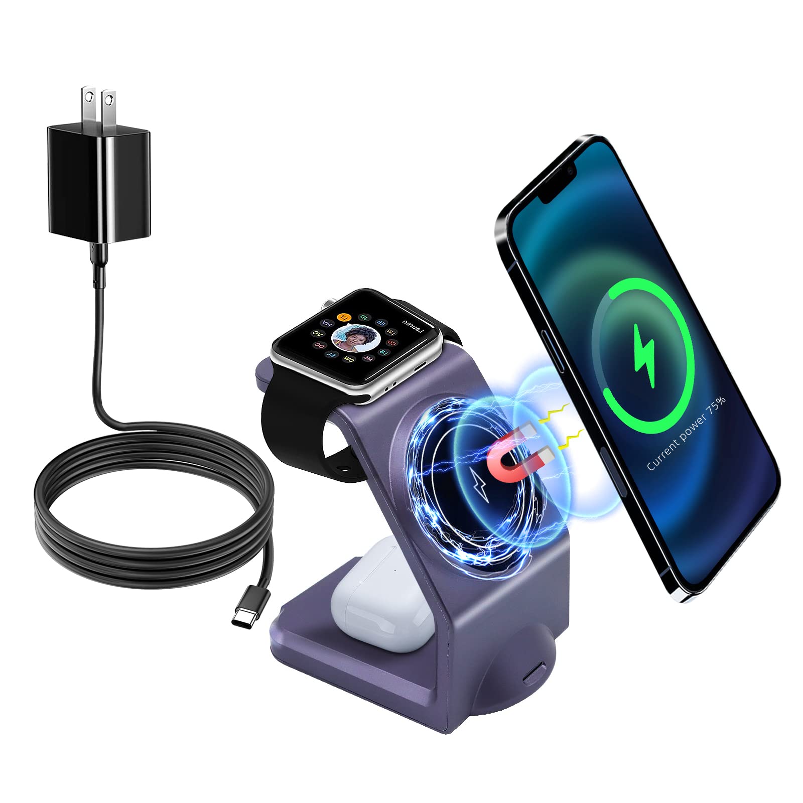 Station de charge magnétique 3 en 1 sans fil pour Apple - Plusieurs appareils - Pour Apple -15/14 Pro Max, iWatch Ultra/8/se/7/6/5/4/3/2, AirPods2/Pro