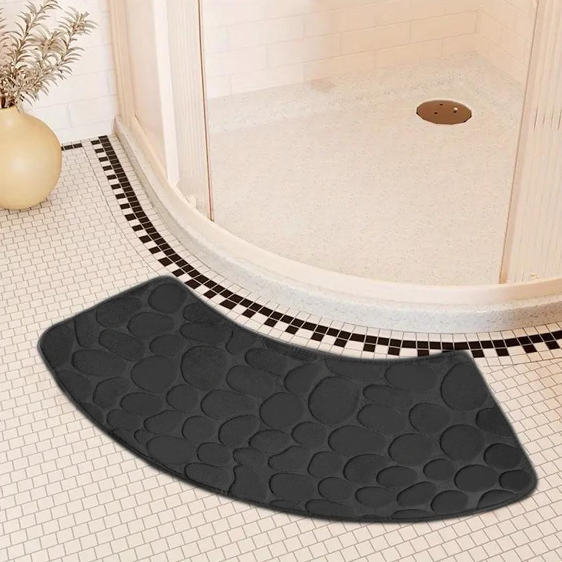 Meyrwoy Curved Shower Mat, Non-Slip Quadrant Shower Mat, Super Absorbent, Machine Washable, Fan-Shaped Bathroom Carpet Rug, Black, 15.75" x 39.37" (