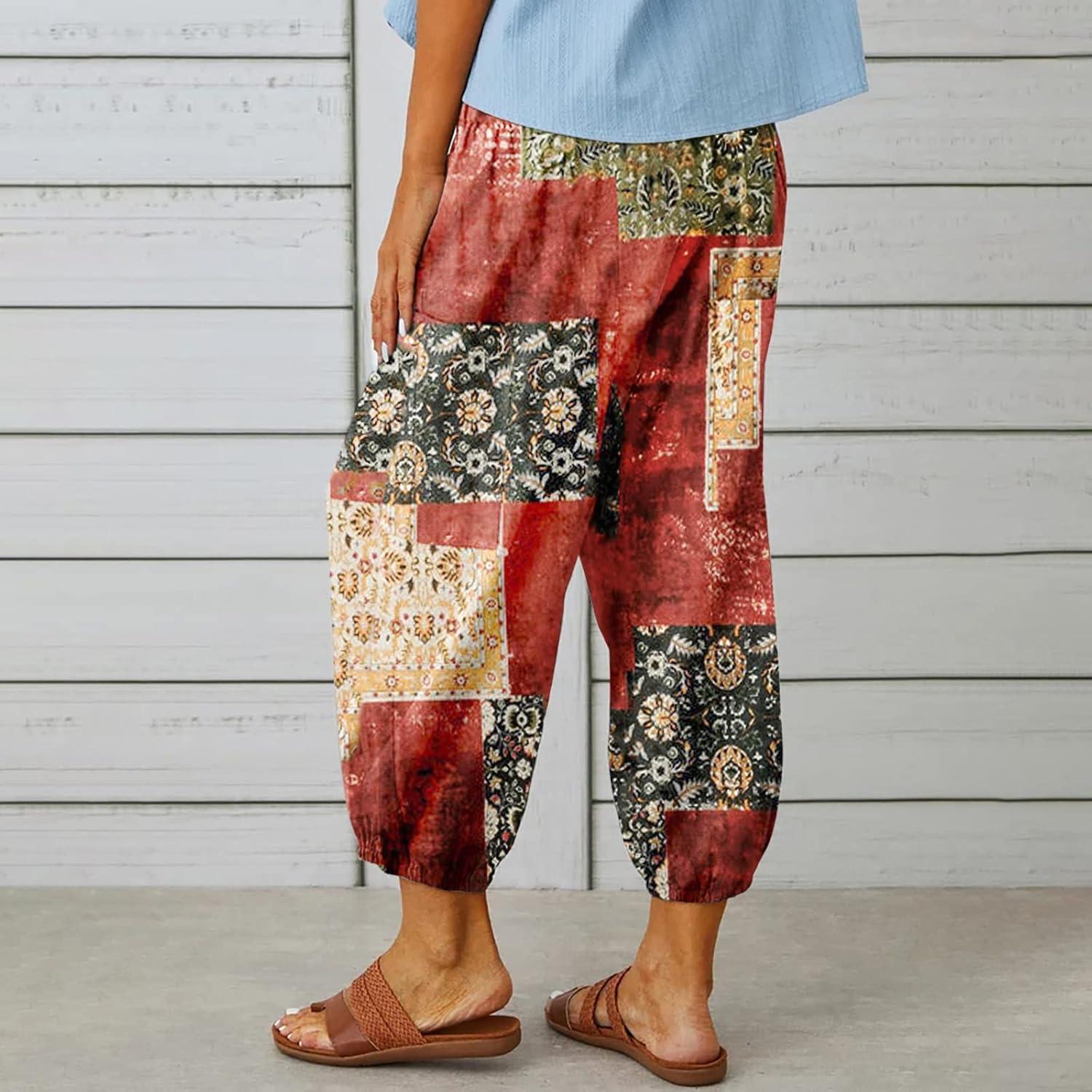 Women's Capri Pants High Waist Drawstring Cinch Bottom with Button Cotton Loose Casual Trouser with Pockets - Image 5