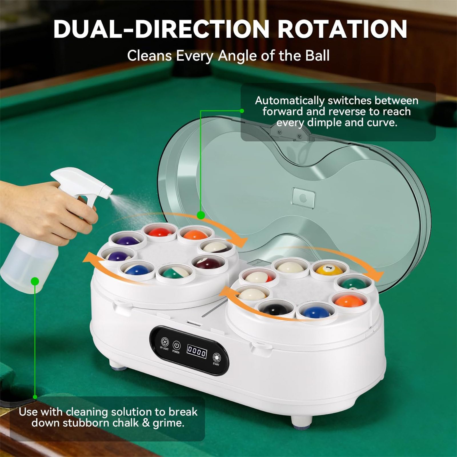 Intelligenter Billardkugel-Reiniger, automatische Poliermaschine für Poolbillardkugeln, LCD-Touchscreen, Doppelmotor & Rotation in beide Richtungen Black-52.5mm/2.07"