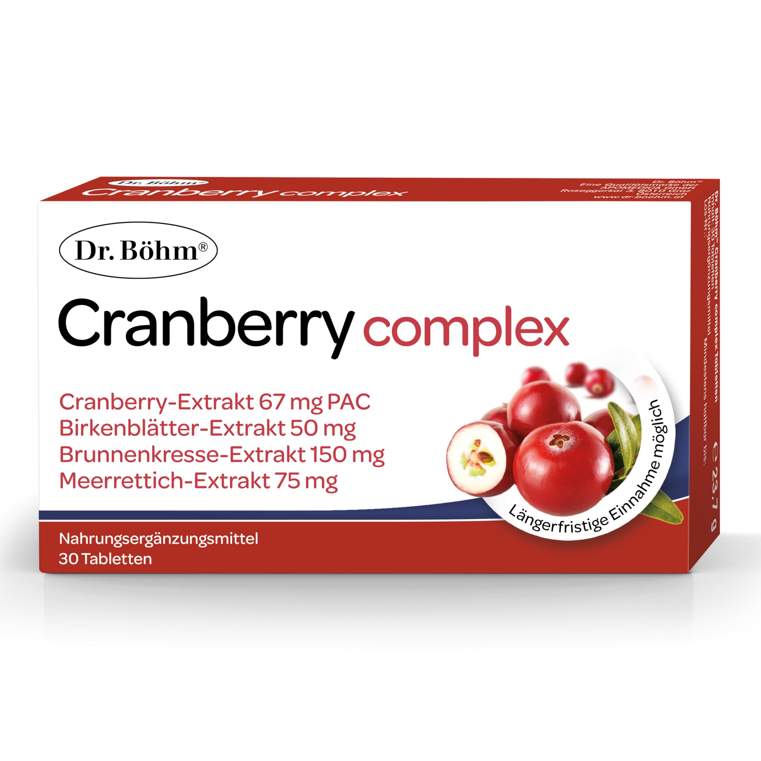 Dr. Böhm Cranberry complex: Für gesunde Harnwege und Blase, mit hochdosiertem Cranberry-Extrakt, Birkenblättern, Brunnenkresse & Meerrettich, 30 Tabletten