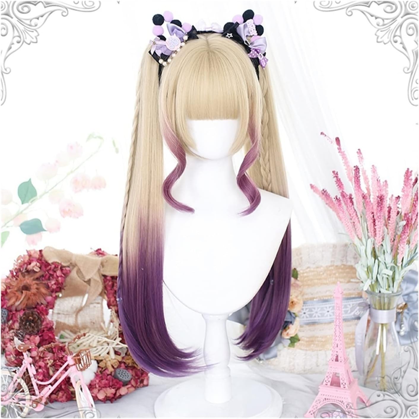 ウィッグ 黒 釣り上がる 2 ポニーテール編組合成レースフロント