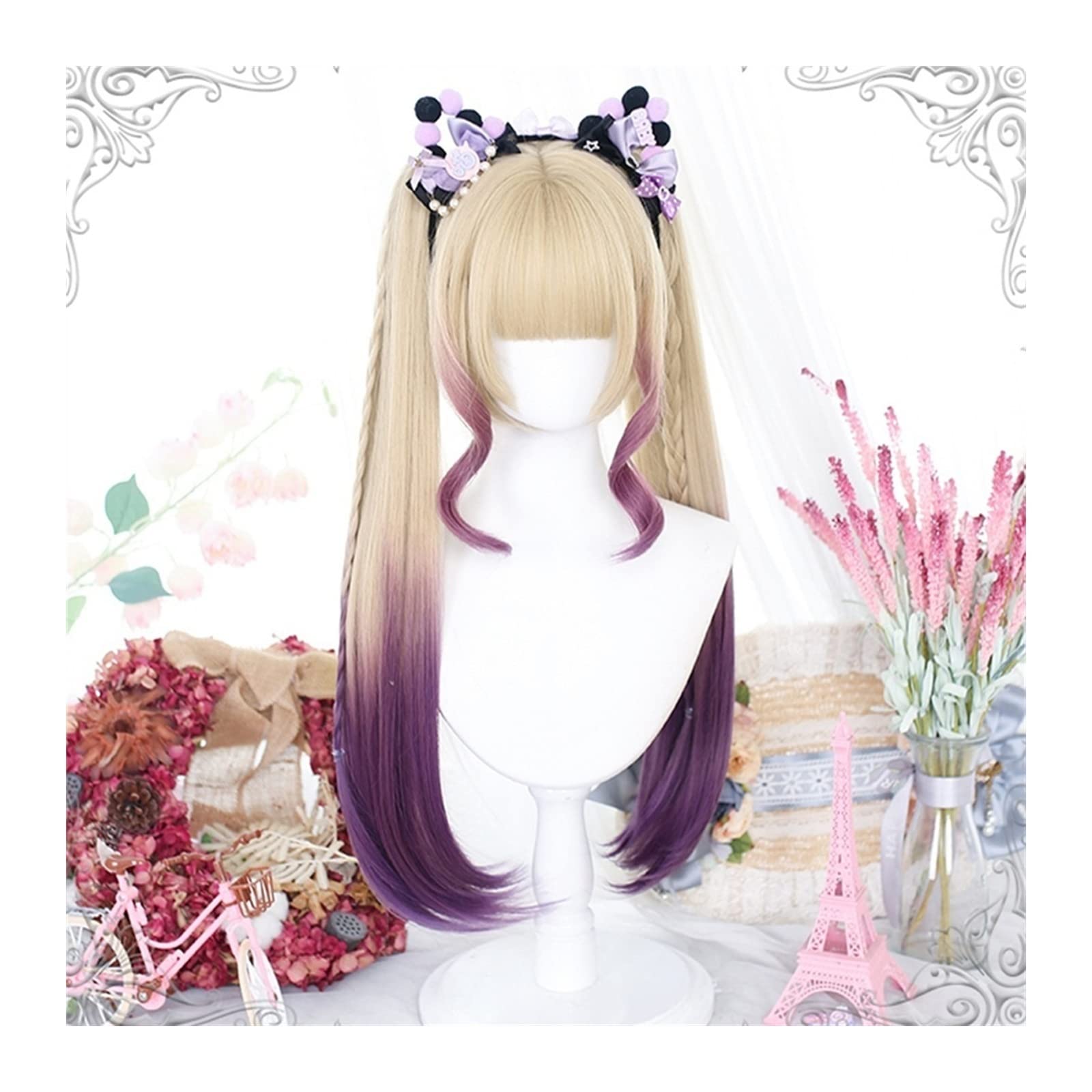 Perruque de cheveux raides synthétiques Lolita violet dégradé blond avec double queue de cheval