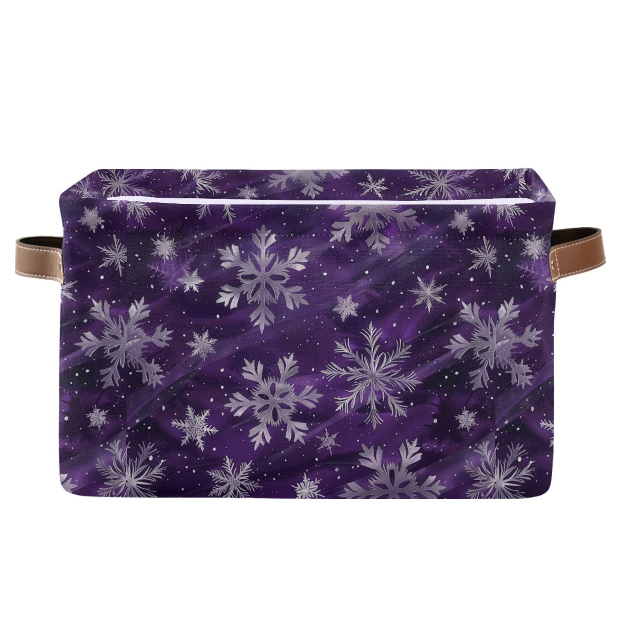 Wamika Winter Snowflake Storage Basket with Waterproof Liner and PU Handles Christmas Purple Xmas Storage Bins Boxes 14.2" Collapsible Decorative Organizer Baskets for Bedroom Closet Office 1 Pack