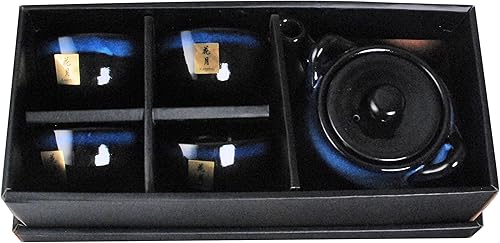 Vista 6 de Hinomaru Collection Kagetsu - Juego de té de porcelana esmaltada reactiva estilo japonés, 24 onzas líquidas, tetera con mango de ratán y cuatro