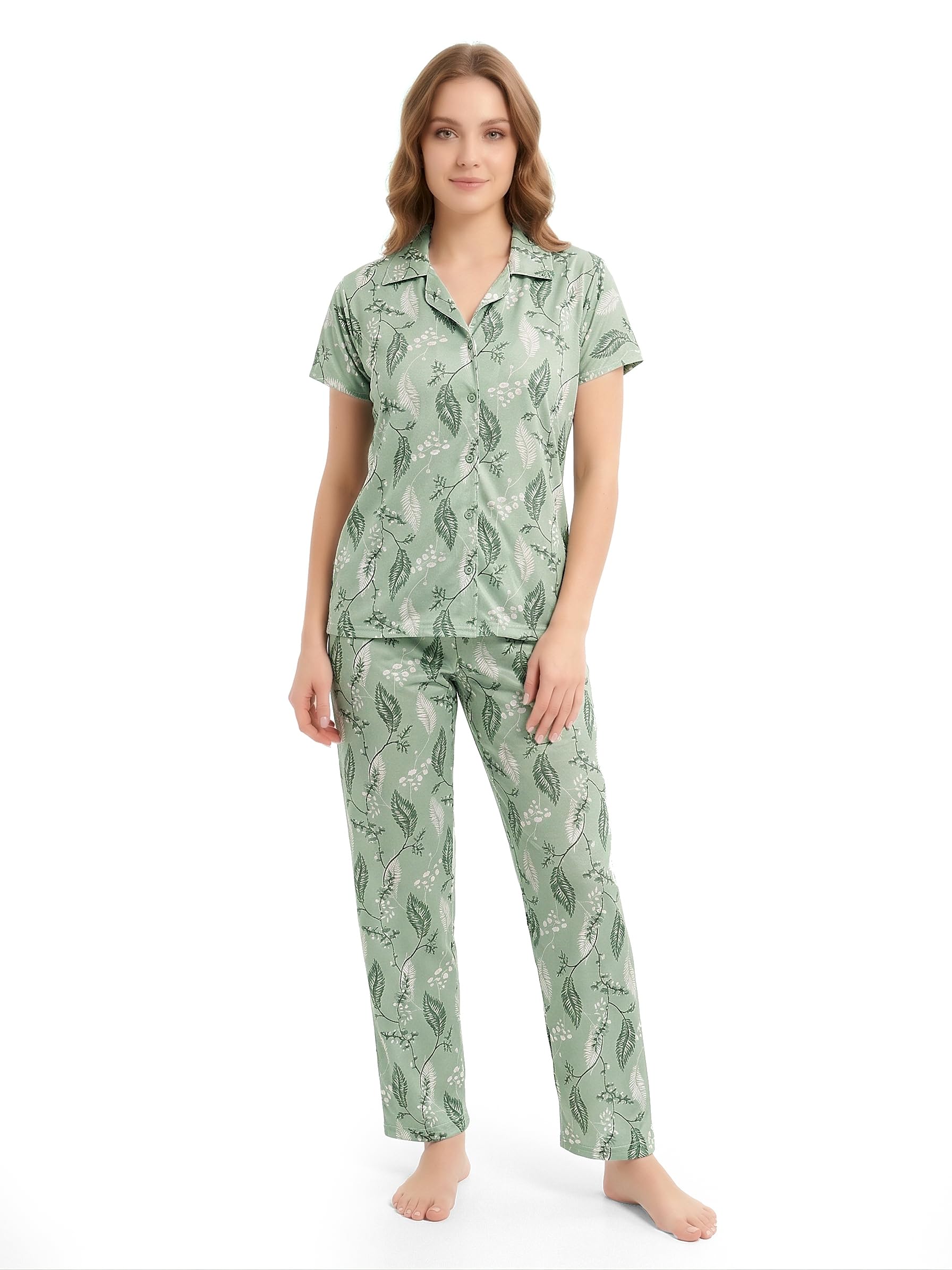 Women’s Floral Leaf Print Night Suit Set | Soft Cotton Blend Short Sleeve Top with Full-Length Pyjama Pants | Comfortable Sleepwear, Nightwear-image-6