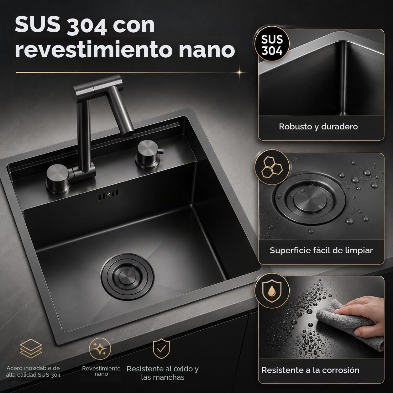 Fregadero de cocina para subplano, 39 x 43 x 23 cm, lavabo invisible que ahorra espacio con tapa, fregadero de acero inoxidable con grifo plegable, 1 bandeja empotrable, para bar, caravana