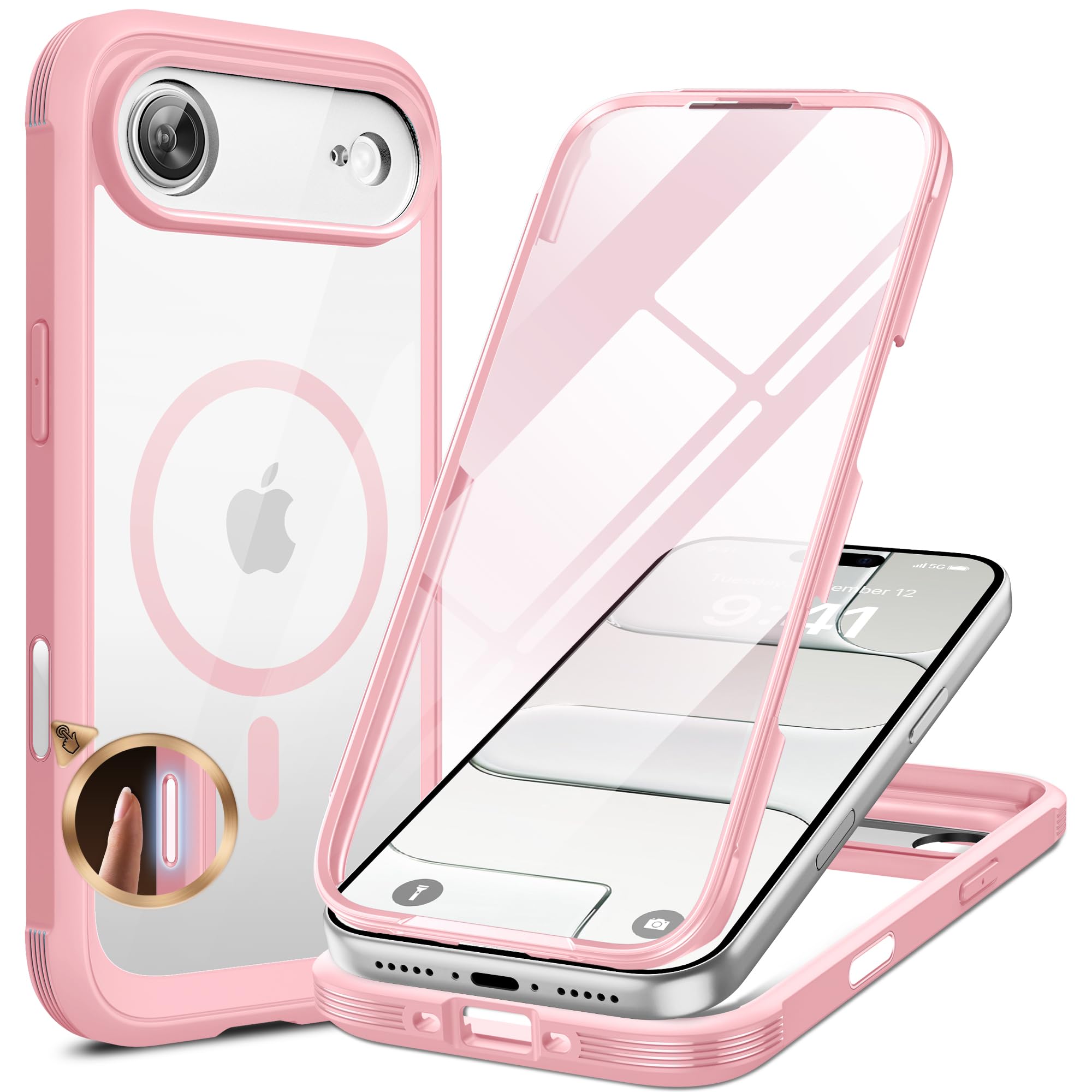 Miracase Magnetic for iPhone Air Case 6.5" [Compatible with MagSafe] Full-Body Phone Case with Built-in Glass Screen Protector &amp; Camera Control,Drop Proof iPhone 17 Air Case Cover, Pink