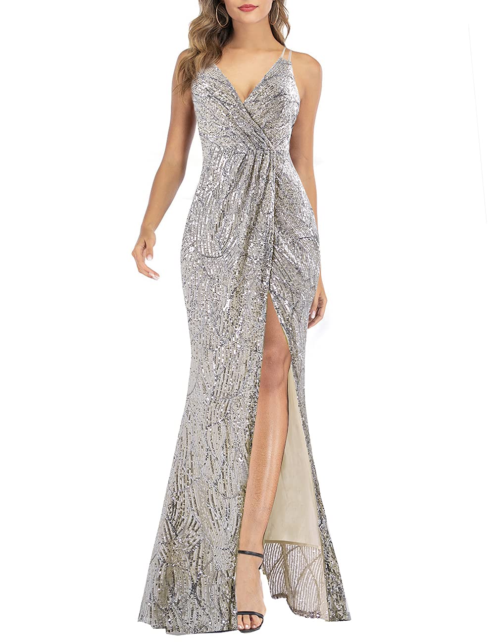 A ARFARWomen Sequin Party Dress V-Neck Sphagetti Strap Dress Sexy High Slit Dress Formal Evening Gowns