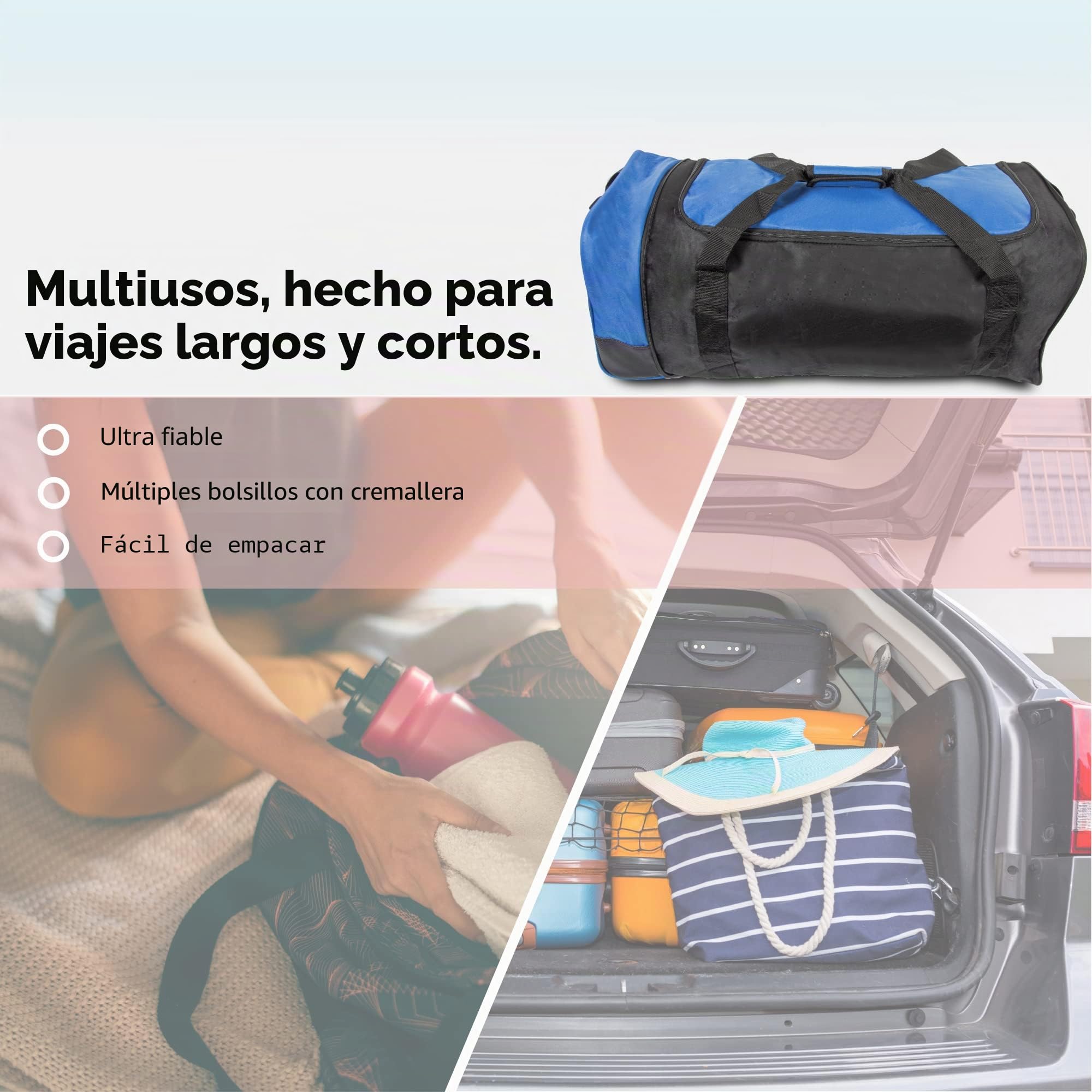 iN Bolsa de equipaje plegable de viaje con ruedas de plástico. Úsalo como maleta o mochila ligera. Ideal para viajes, kit deportivo y equipo., negro/azul, 32 x 30 x 10 cm, Bolsa grande con ruedas