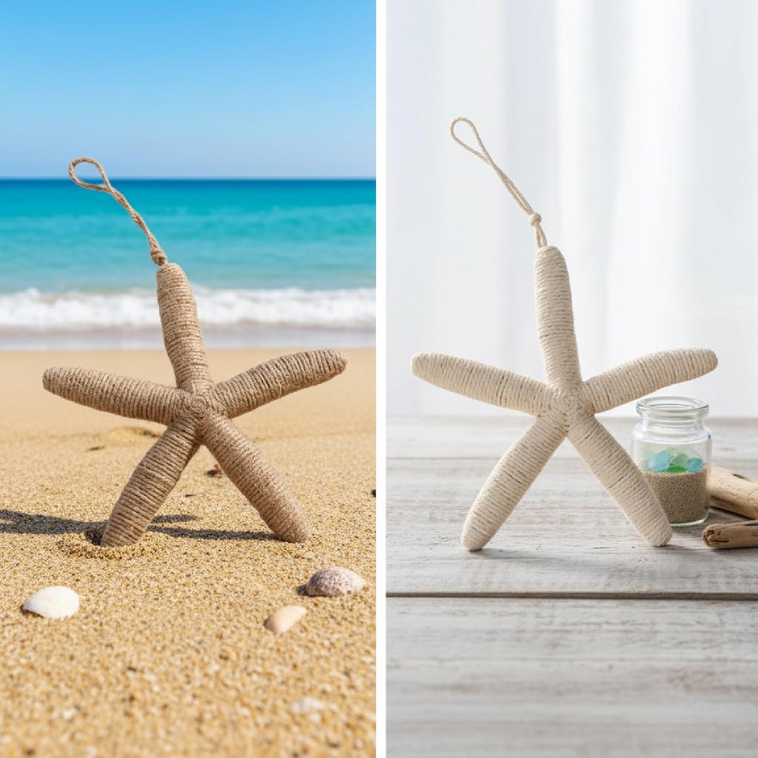 Rustic Rope Starfish Wall Hanging Decor, Set of 2 Nautical Coastal Jute Ornaments for Beach House, Bathroom, Door Handle, Wall Art, Handmade Sea Decorations Christmas Star Tree Topper