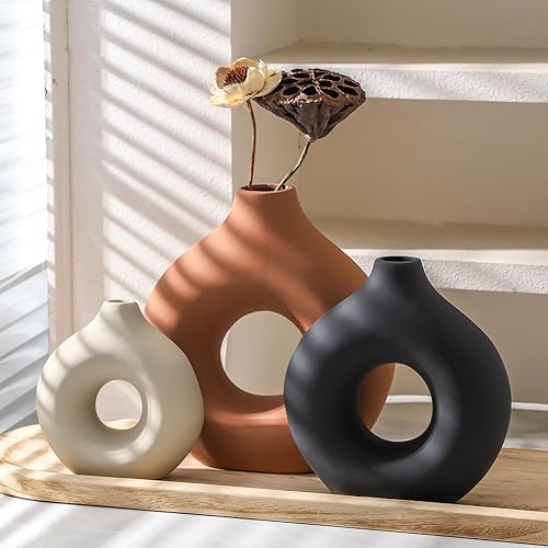 Vista 8 de Juego de 3 jarrones de cerámica Vanselia para decoración de mesa del hogar - Jarrones florales pequeños para centro de mesa de sala de estar