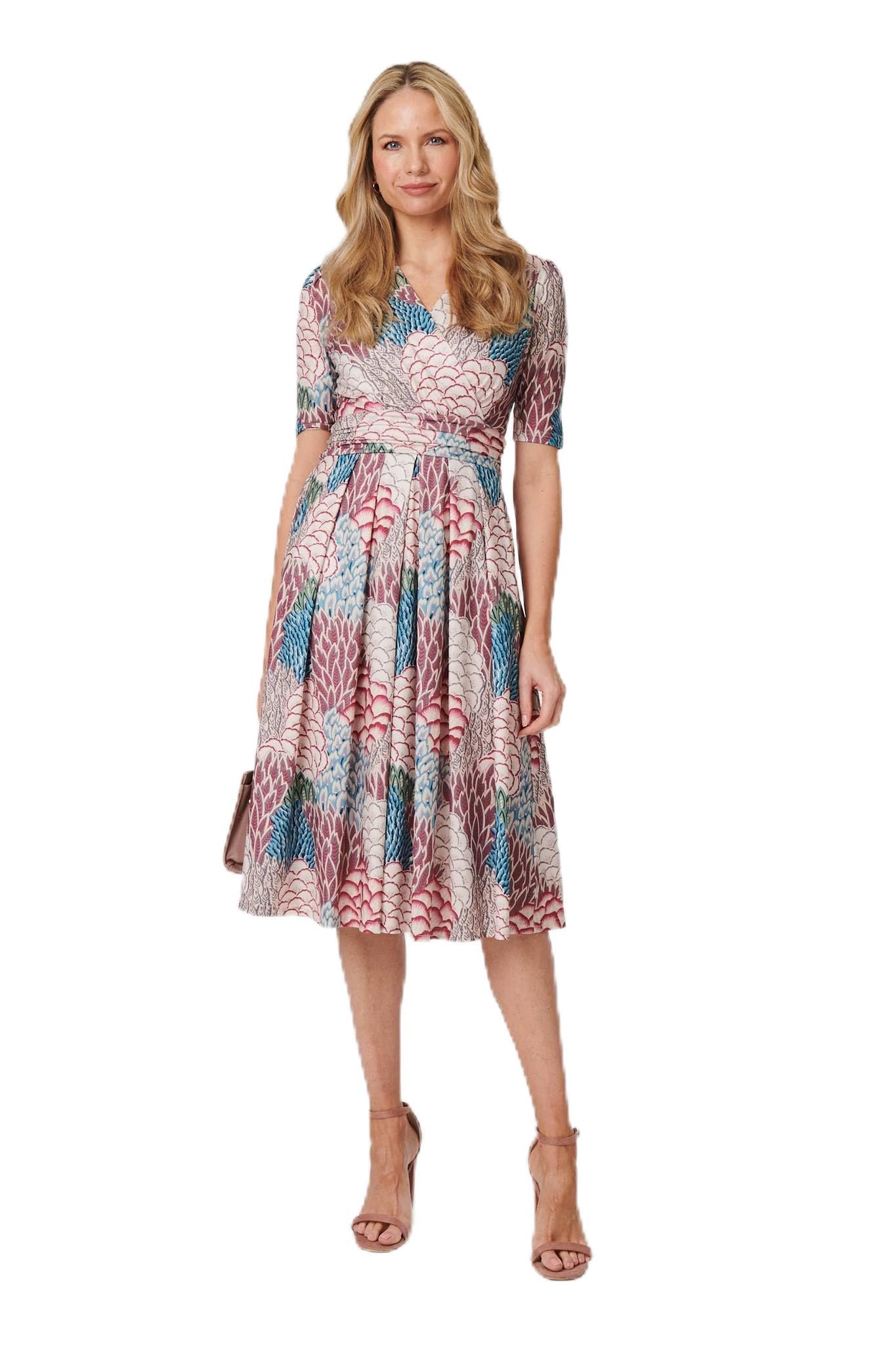 Izabel London Women's Multi Printed 1/2 Sleeve Pleated Midi Dress Size 14